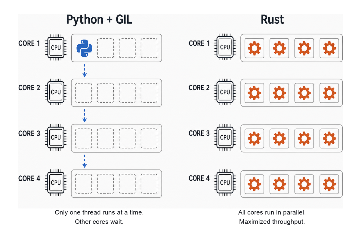 Comparison of Python threads serialized by the GIL versus Rust threads running in parallel across CPU cores