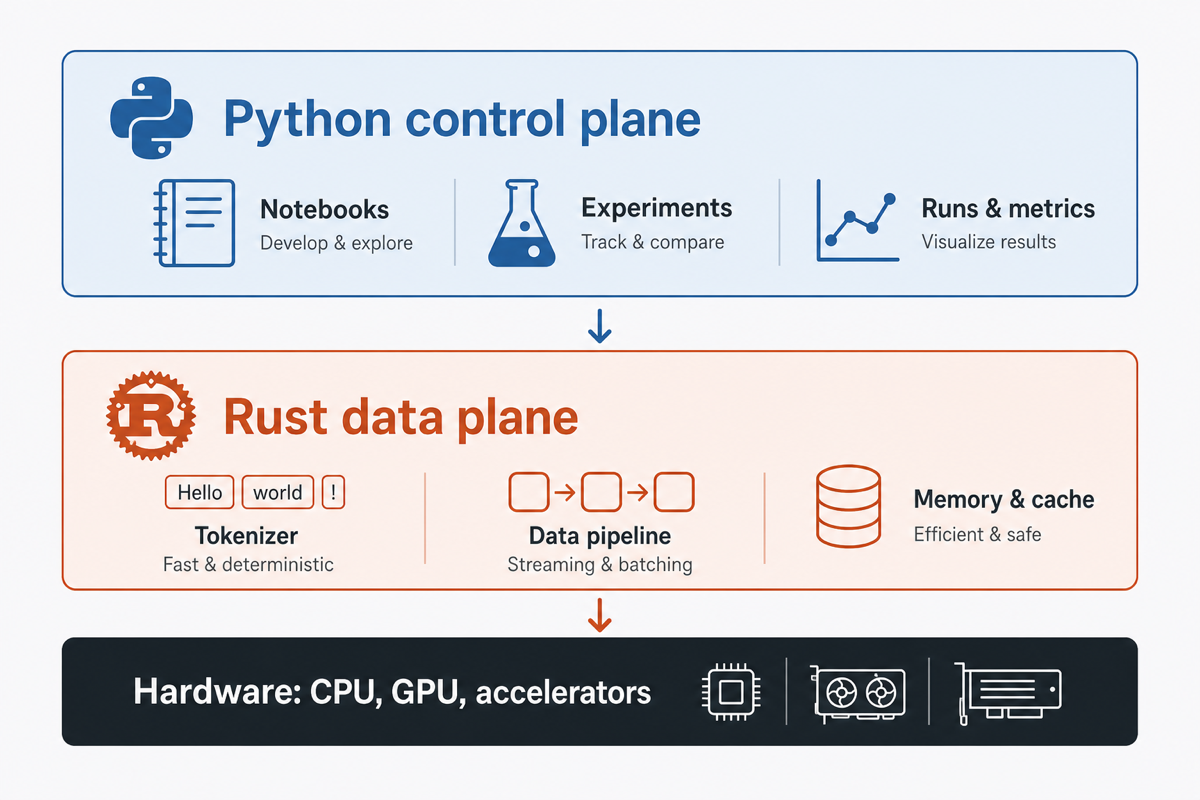 Layered ML stack with Python control plane, Rust data plane, and hardware accelerators underneath